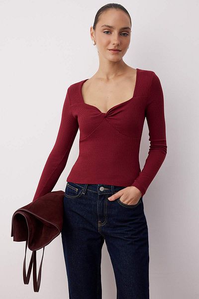 Trendyol Collection Μπορντό ίσιο γιακά καρδιάς Bodycone/Στενό στο σώμα Crop Twill Stretchy πλεκτή μπλούζα TWOAW26BZ00069