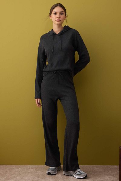 Trendyol Collection Anthracite Hooded Relaxed/Relaxed Cut Ribbed Waist Elastic Knitted Tracksuit Set Twoaw26Em00004