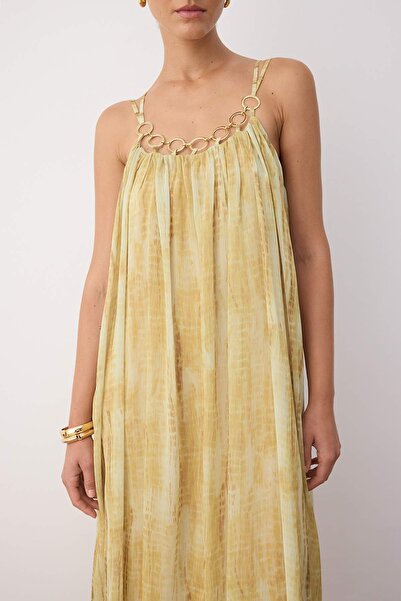 Trendyol Collection Yellow Abstract Accessory Detailed Midi Woven Dress Twoss25El00908