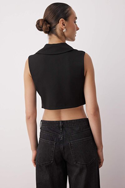 Trendyol Collection Black Crop Button Jacket Collar Woven Vest Twoaw26Ye00016