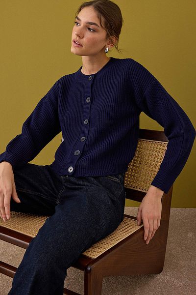 Trendyol Collection Navy Blue Crew Neck Thessaloniki Knitwear Cardigan Twoaw26Hi00123