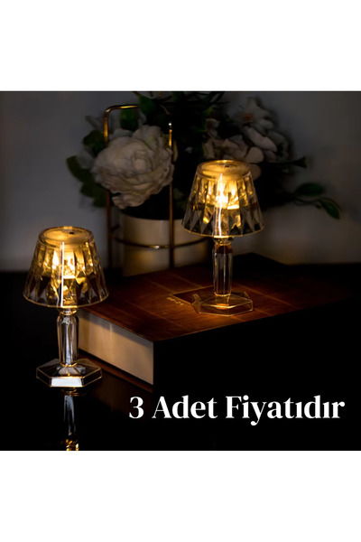 racoonco 3' lü Kristal Elmas Led Masa Lambası Pilli Projeksiyon Şeffaf Abajur Gece Lambası Küçük Boy 12cm