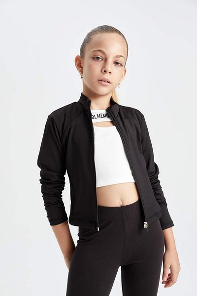 DeFacto Schwarze Basic-Strickjacke für Mädchen mit geradem Reißverschluss und Taschen und Stehkragen D2758A824AU