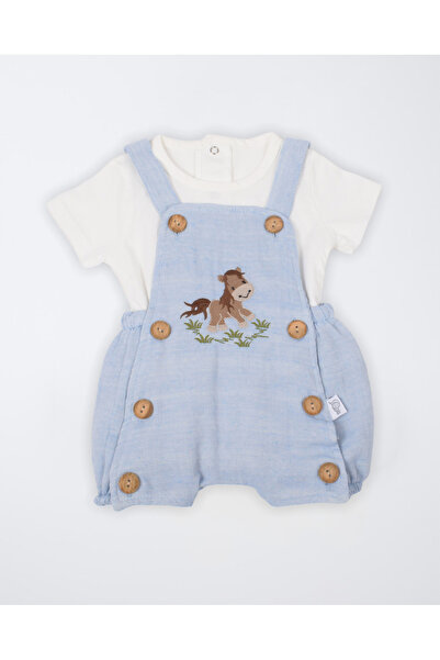 Emsun Erkek Bebek Figürlü 2'li Mavi Tulum