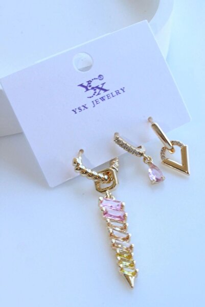 Leo'Stone İthal Seri 3'lü Kombin Çok Renkli Zirkon Taşlı Sallantılı Kadın Çelik Küpe