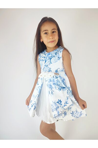 GAMZEAKKUŞ Baby Collar, White Rose Detail, Floral Patterned Evening Dress Children's Dress