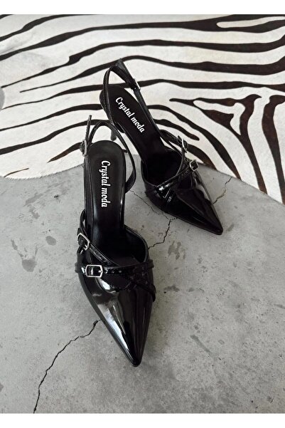 nope21shoess Crystal Fashion női fekete lakkbőr tűsarkú