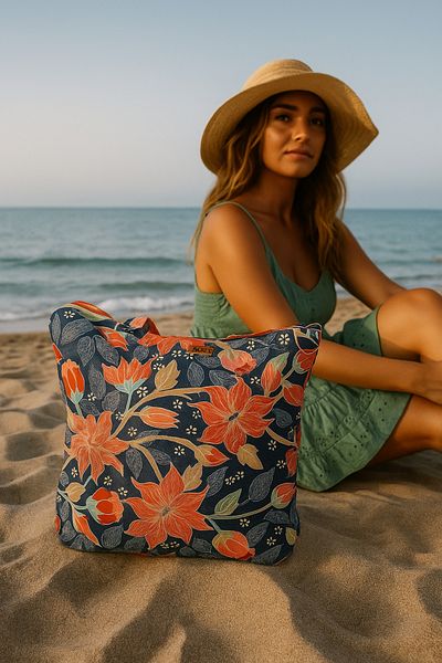 MER HOME Floral Patterned Zippered Lined Beach Bag Daily Shoulder Bag