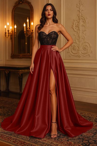 NSMLİFE Fusta de damă bordeaux elegantă cu fante din satin cu linie A plisată