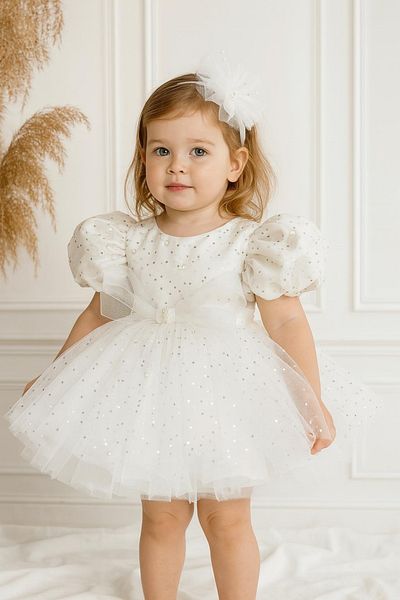 Hobidik White Glitter Bow Detail Girl's Tutu Birthday Dress