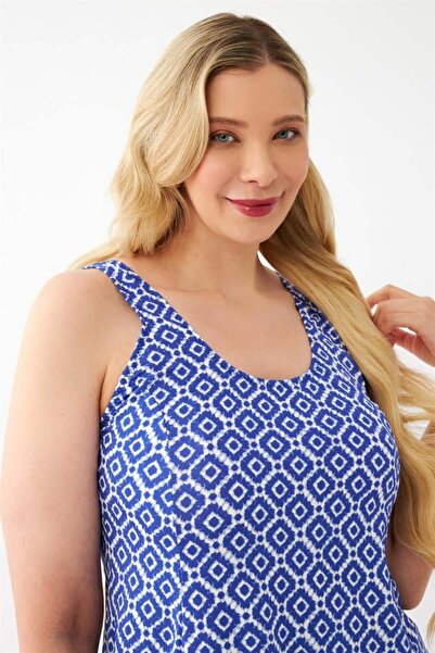 modaserdem Mdsrdm Women's Blue Patterned Plus Size Dress Swimsuit