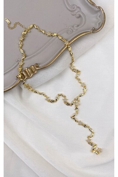 Sacha Accessories Figured Zircon Stone Detailed Gold Y Necklace