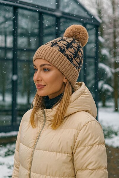 Axesoire 14690 İçi Polarlı Ponponlu Desenli Camel İçi Polarlı Bere
