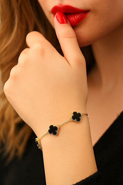 vogutima Kadın Erkek Gümüş Bileklik - 4 Yapraklı Yonca 5'li Oniks Taşlı • Işıklı Kutuda Bileklik