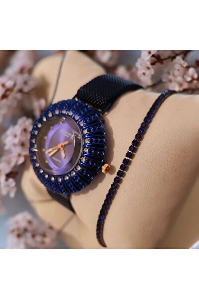 OEM Set ceas casual de damă cu brățară inclusă, mecanism cu cuarț, afișaj analogic, sutien albastru electric