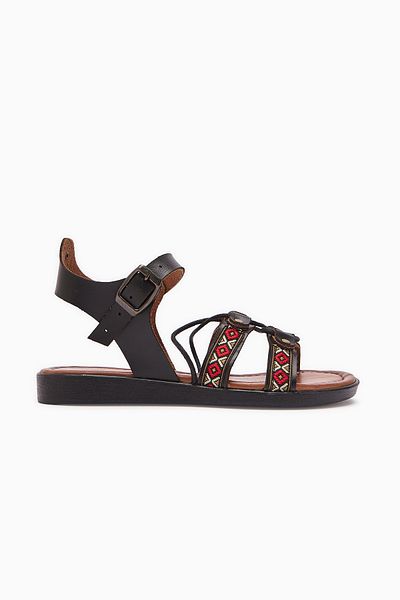 Limoya Sandale de damă Sohna Black din piele naturală cu detaliu de broderie autentică