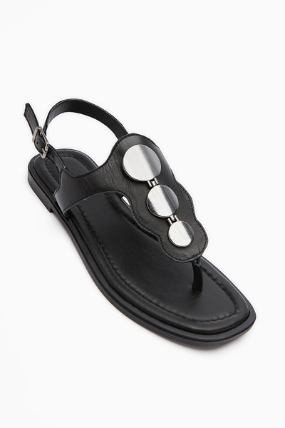 Limoya Genuine Leather Rasha Black Buckle Flip Flops Women's Sandals