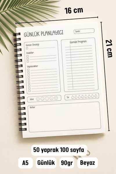 Eldesen Tasarım Daily Planner A5 Notebook, Notes, to Do, Flexible Cardboard Cover, 100 Days, Leafy