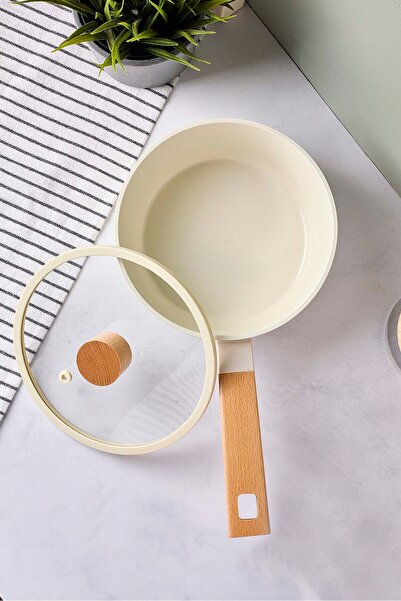 Perotti Cookwood Beige Induction Base Ceramic Pot with Wooden Handle and Lid 18 cm