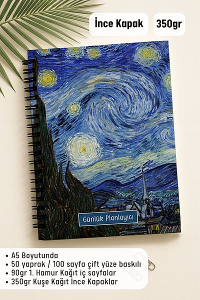 Eldesen Tasarım Daily Planner A5 Notebook, Notes, to Do, Flexible Cardboard Cover, 100 Days, Starry Night