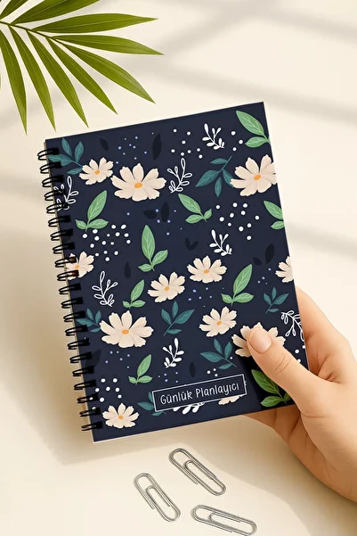 Eldesen Tasarım Daily Planner A5 Notebook, Notes, to Do, Flexible Cardboard Cover, 100 Days, White Floral