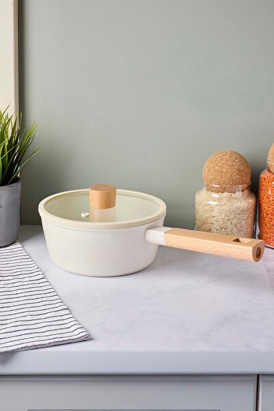 Perotti Cookwood Beige Induction Base Ceramic Pot with Wooden Handle and Lid 18 cm