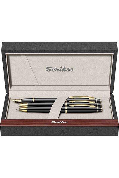 Scrikss 35 Fountain Pen + Ballpen + Versatile Triple Set Matte Black Gold Lifetime Guaranteed-Luxury Boxed