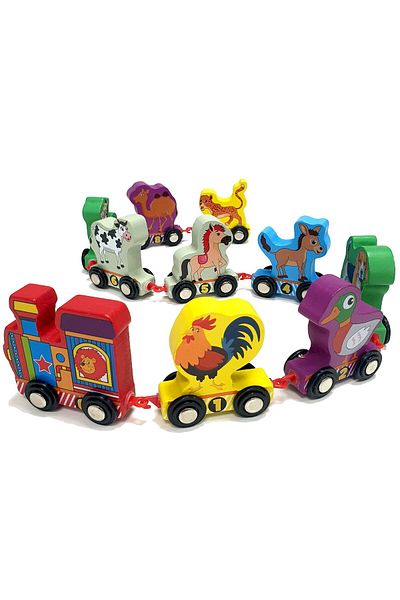 OEM Trenuleț din lemn multicolor cu animale domestice și sălbatice și numere, tip Montessori, 10 piese