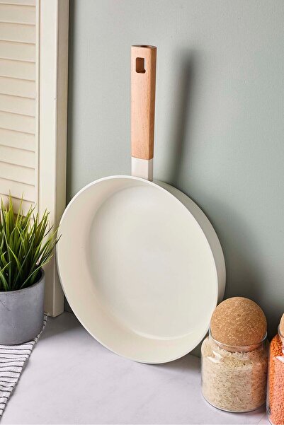 Perotti Cookwood Beige Induction Base Ceramic Pan with Wooden Handle 28 cm