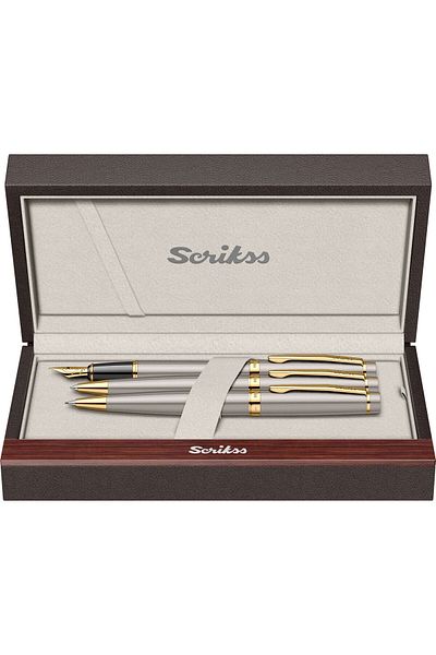Scrikss 38 Fountain Pen + Ballpen + Versatile Triple Set Satin Gold (Lifetime Warranty-Luxury Box)