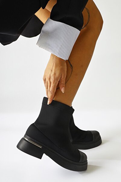 Limoya Kaiza Siyah Deri Detaylı Dalgıç, Streç Kumaş Kadın Bot, Kadın Bootie