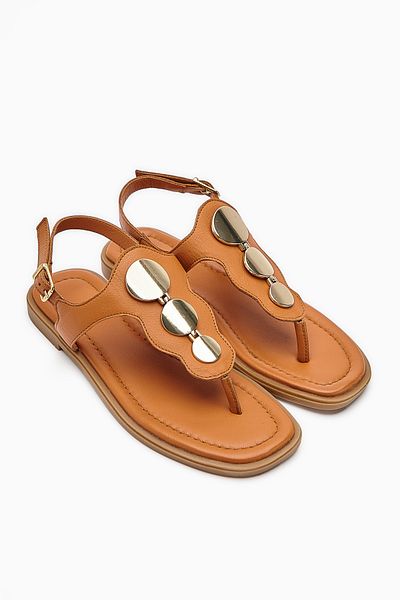 Limoya Genuine Leather Rasha Tan Buckle Flip Flops Women's Sandals