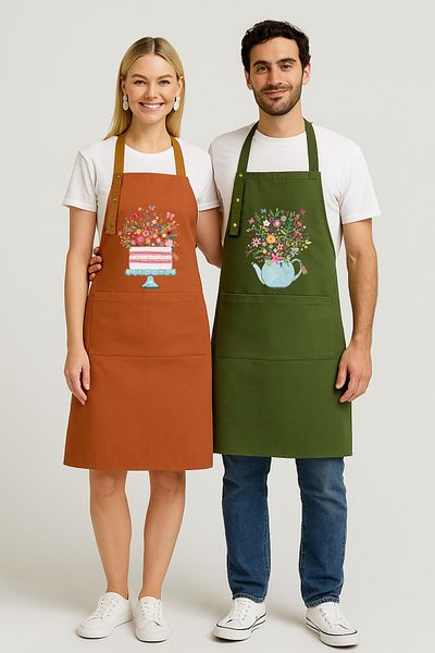 Hulganz Kitchen Apron Set of 2 Stain-Proof Water-Repellent Fabric Fade-Free Print Floral Cake and Teapot Patterned