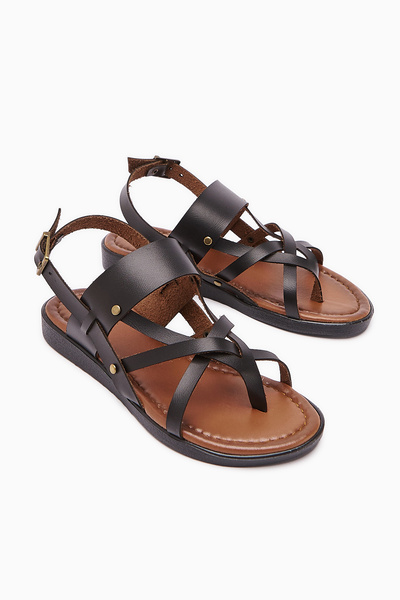 Jilberto Hakiki Deri Faika Siyah Parmak Arası Kadın Sandalet Fırsat Ürünü