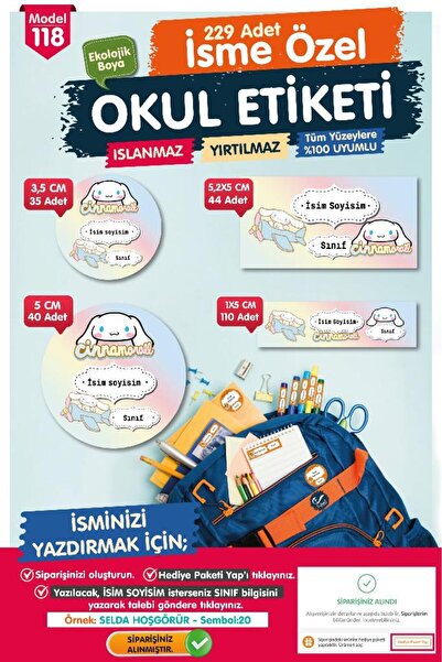 t tuğset etiket Okul Etiketi  Cinnamoroll Temalı Kalem Defter Etiketi Özel İs...