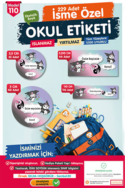 t tuğset etiket Okul Etiketi Kuromi Temalı Kalem Defter Etiketi Özel İsim Yaz...
