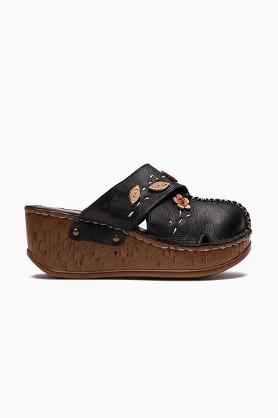 Limoya Papuci de confort din piele naturală Alto Black Wedge Papuci de confort cu talpă antică