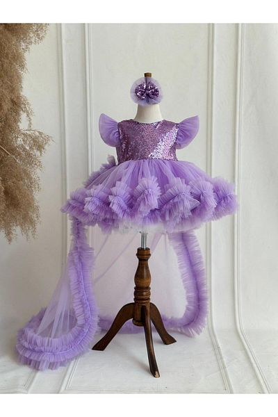 Hobidik Purple Sequin Sequin Non-Removable Tailed Baby Kids Birthday, Special Occasion Dress