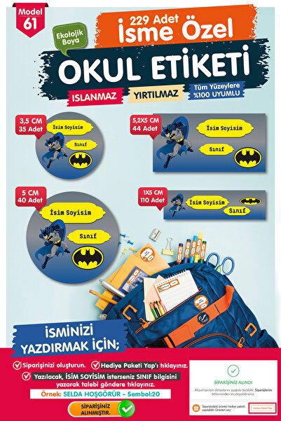 t tuğset etiket Okul Etiketi Batman Kalem Defter Etiketi Özel İsim Yazılabile...