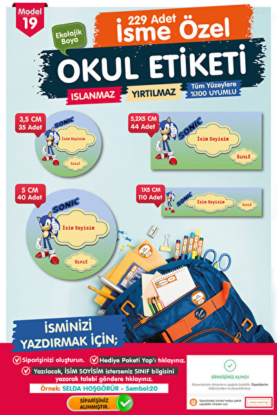 t tuğset etiket Okul Etiketi Sonic Kalem Defter Etiketi Özel İsim Yazılabilen...