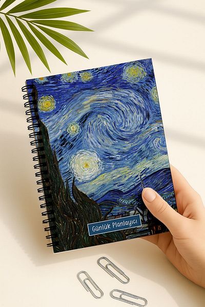 Eldesen Tasarım Daily Planner A5 Notebook, Notes, to Do, Flexible Cardboard Cover, 100 Days, Starry Night