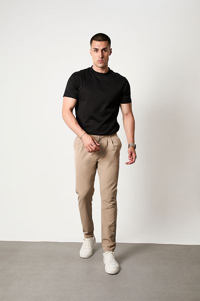 GETMAH Men's Beige Color Stretch Fabric Pleated Pants