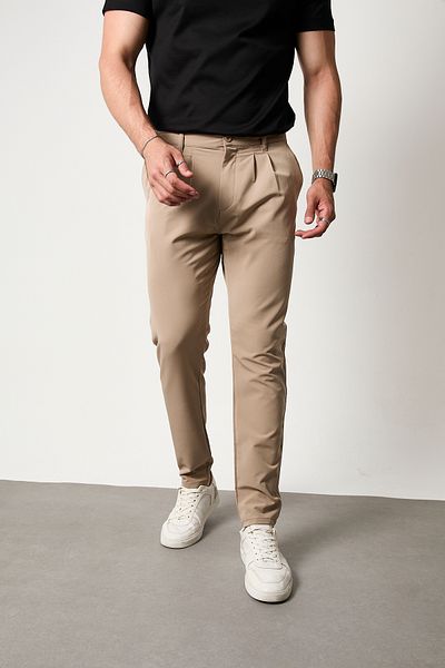GETMAH Men's Beige Color Stretch Fabric Pleated Pants