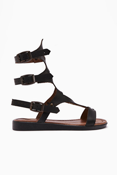 Jilberto Hakiki Deri Hill Siyah Gladyatör Kadın Sandalet Fırsat Ürünü