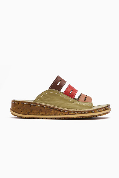 Limoya Γυναικείες παντόφλες από γνήσιο δέρμα με λέιζερ πράσινο χρώμα