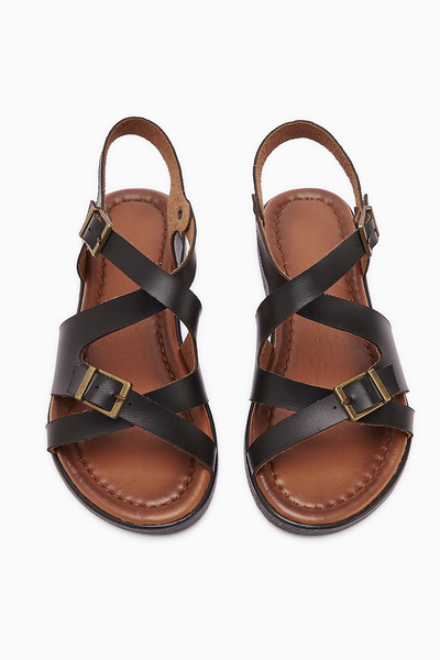 Limoya Hakiki Deri Belize Siyah Çapraz Bantlı Kadın Sandalet Fırsat Ürünü