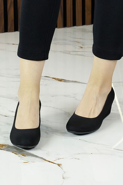Erkan Saçmacı Maya Black Crepe Round Toe Wedge Heeled Casual Shoes