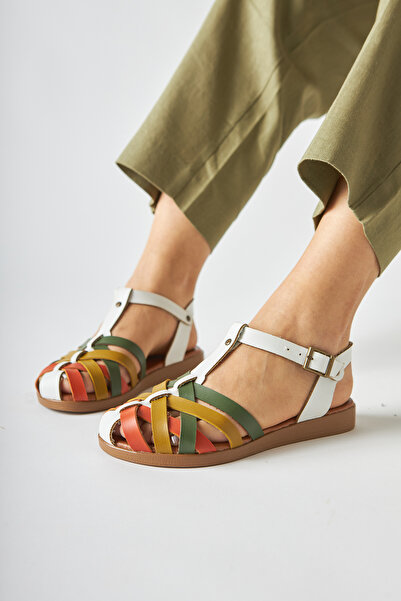 Limoya Genuine Leather Agi White Cross Weave Strappy Sandals