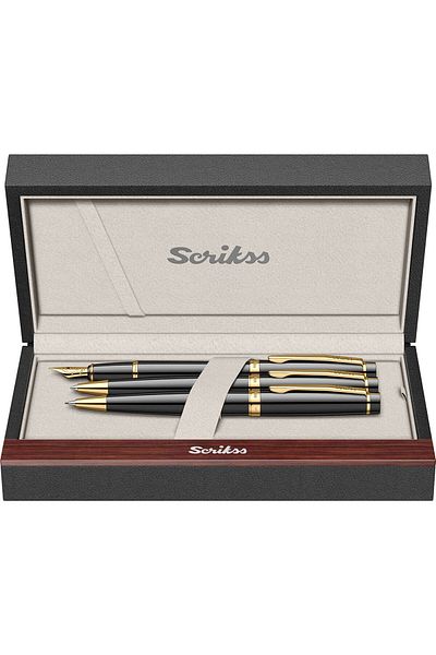 Scrikss 38 Fountain Pen + Ballpen + Versatile Triple Set Black Gold (Lifetime Warranty-Luxury Boxed)