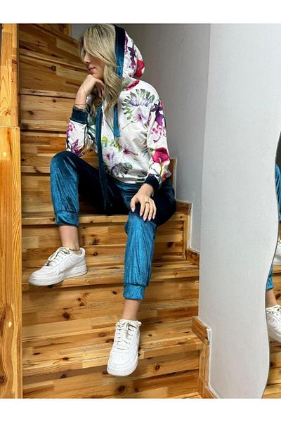 MODA Set de două piese pentru femei, din țesătură din catifea, cu mânecă lungă, cu glugă, cu imprimeu floral